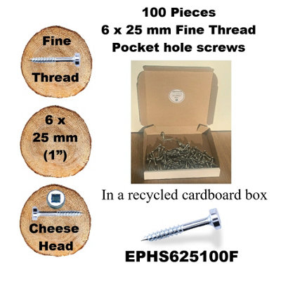 Pocket Hole Screws for Hardwoods, 25mm Long, Pack of 100, Fine Self-Cutting Threaded Square Drive, EPHS625100F, EPH Woodworking