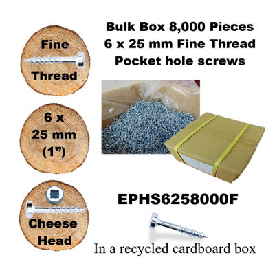 Pocket Hole Screws for Hardwoods, 25mm Long, Pack of 8,000, Fine Self-Cutting Threaded Square Drive, EPHS6258000F, EPH Woodworking