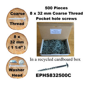 Pocket Hole Screws for Softwoods, 30mm Long, Pack of 500, Coarse Self-Cutting Threaded Square Drive, EPHS832500C, EPH Woodworking