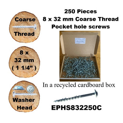 Pocket Hole Screws for Softwoods, 32mm Long, Pack of 250, Coarse Self-Cutting Threaded Square Drive, EPHS832250C, EPH Woodworking