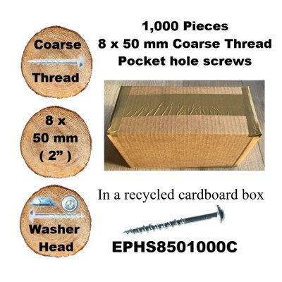Pocket Hole Screws for Softwoods, 50mm Long, Pack of 1,000, Coarse Self-Cutting Threaded Square Drive, EPHS8501000C