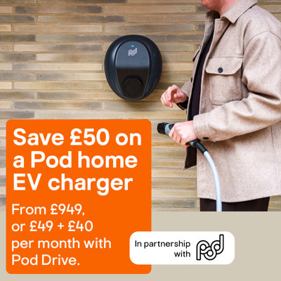 Save £50 on a Pod home EV charger. From £949, or £49+£40 per month with Pod Drive.