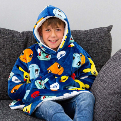 Pokemon Badges Oversized Hoodie Blanket Blue Kids DIY at B Q