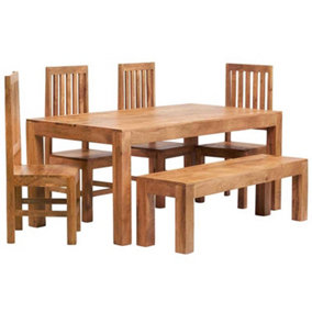 Poko Light Mango 6ft Dining Set with Bench & 4 Wooden Chairs