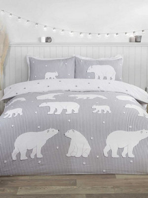 Polar Bear 100% Brushed Cotton King Duvet Cover Set Grey