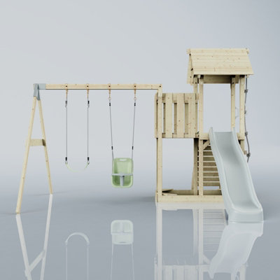 PolarPlay Balcony Tower Kids Wooden Climbing Frame with Swing and Slide - Swing Hagen Mist