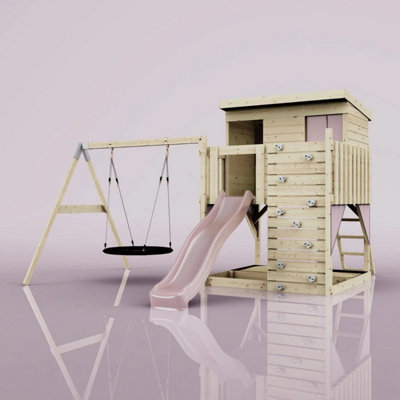 PolarPlay Climbing Platform and Playhouse with Single Swing - Nils Nest Dusky Pink