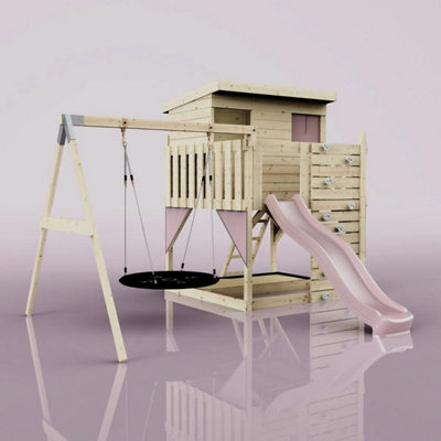 PolarPlay Climbing Platform and Playhouse with Single Swing - Nils Nest Dusky Pink