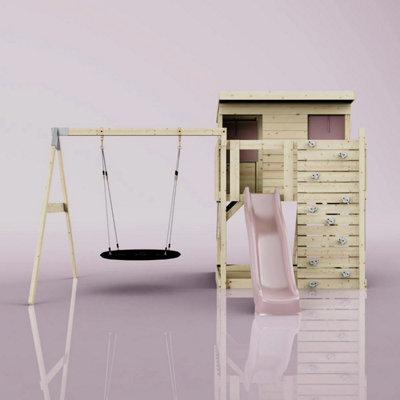 PolarPlay Climbing Platform and Playhouse with Single Swing - Nils Nest Dusky Pink