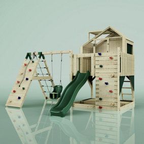 PolarPlay Kids Climbing Tower & Playhouse with Swing and Slide - Climb & Swing Thora Green