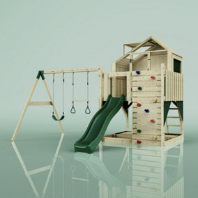 PolarPlay Kids Climbing Tower & Playhouse with Swing and Slide - Swing Odin Green