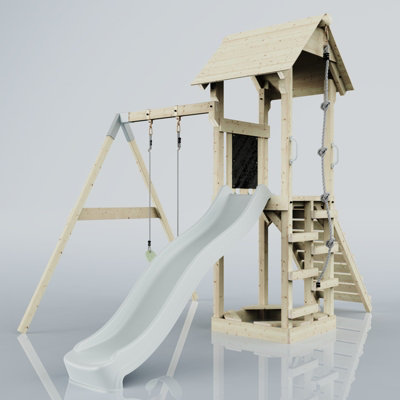 PolarPlay Tower Kids Wooden Climbing Frame with Swing and Slide - Swing Destin Mist
