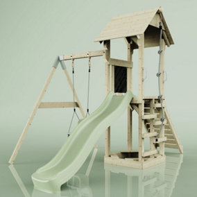 PolarPlay Tower Kids Wooden Climbing Frame with Swing and Slide - Swing Helka Sage
