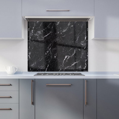 Polished Black Quartz Effect Premium Glass Kitchen Splashback W700mm x H750mm