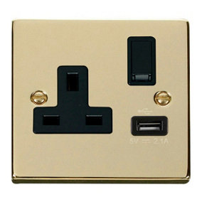 Polished Brass 1 Gang 13A DP 1 USB Switched Plug Socket - Black Trim - SE Home