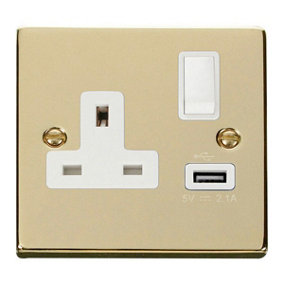 Polished Brass 1 Gang 13A DP 1 USB Switched Plug Socket - White Trim - SE Home