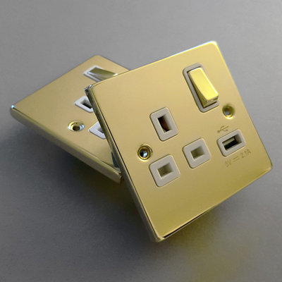 Polished Brass 1 Gang 13A DP 1 USB Switched Plug Socket - White Trim - SE Home