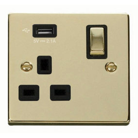 Polished Brass 1 Gang 13A DP Ingot 1 USB Switched Plug Socket - Black Trim - SE Home