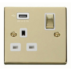 Polished Brass 1 Gang 13A DP Ingot 1 USB Switched Plug Socket - White Trim - SE Home