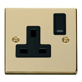 Polished Brass 1 Gang 13A DP Switched Plug Socket - Black Trim - SE Home