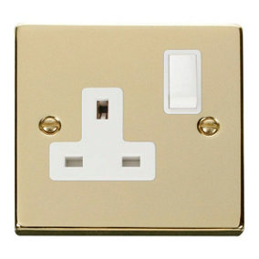 Polished Brass 1 Gang 13A DP Switched Plug Socket - White Trim - SE Home