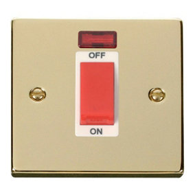 Polished Brass 1 Gang Size 45A Switch With Neon - White Trim - SE Home