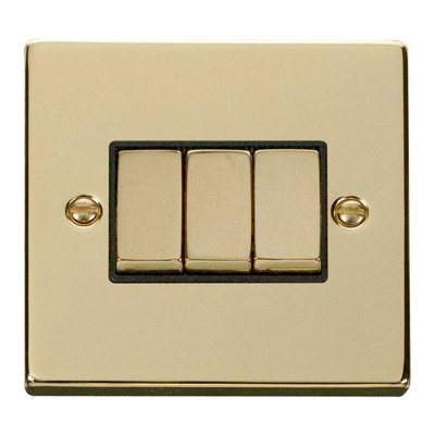 Polished Brass 10A 3 Gang 2 Way Ingot Light Switch - Black Trim - SE Home