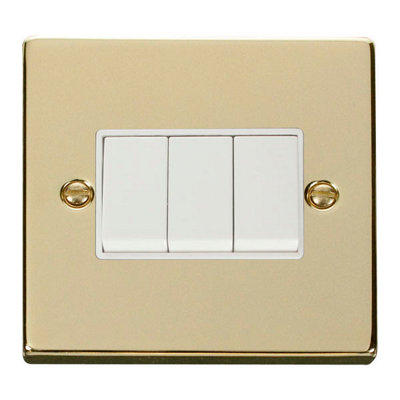 Polished Brass 10A 3 Gang 2 Way Light Switch - White Trim - SE Home
