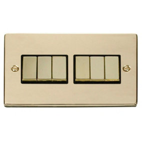Polished Brass 10A 6 Gang 2 Way Ingot Light Switch - Black Trim - SE Home