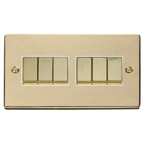 Polished Brass 10A 6 Gang 2 Way Ingot Light Switch - White Trim - SE Home