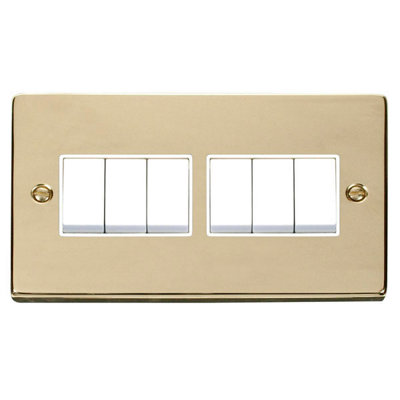 Polished Brass 10A 6 Gang 2 Way Light Switch - White Trim - SE Home