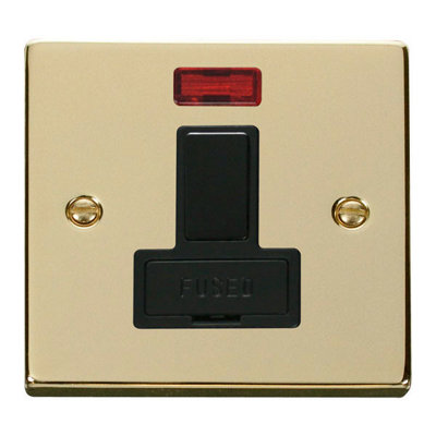 Polished Brass 13A Fused Connection Unit Switched With Neon - Black Trim - SE Home