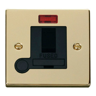 Polished Brass 13A Fused Connection Unit Switched With Neon With Flex - Black Trim - SE Home