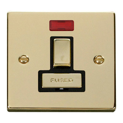 Polished Brass 13A Fused Ingot Connection Unit Switched With Neon - Black Trim - SE Home