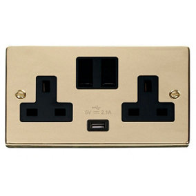 Polished Brass 2 Gang 13A 1 USB Twin Double Switched Plug Socket - Black Trim - SE Home