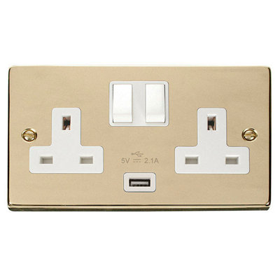 Polished Brass 2 Gang 13A 1 USB Twin Double Switched Plug Socket - White Trim - SE Home