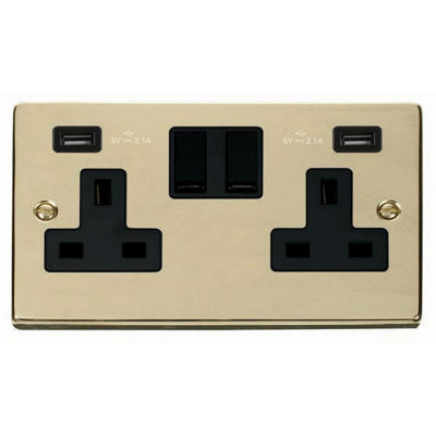 Polished Brass 2 Gang 13A 2 USB Twin Double Switched Plug Socket - Black Trim - SE Home