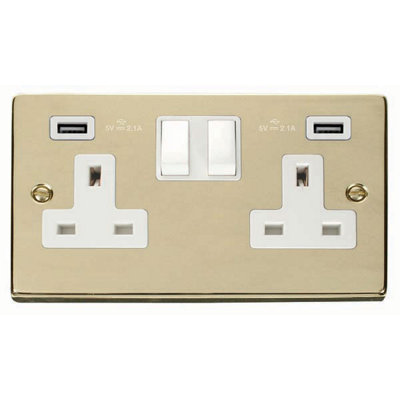 Polished Brass 2 Gang 13A 2 USB Twin Double Switched Plug Socket - White Trim - SE Home