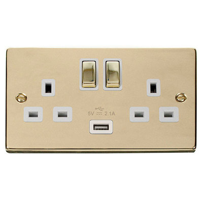 Polished Brass 2 Gang 13A DP Ingot 1 USB Twin Double Switched Plug Socket - White Trim - SE Home Price Comparisons | Compare The Build