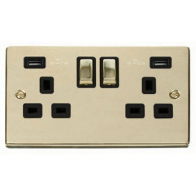Polished Brass 2 Gang 13A DP Ingot 2 USB Twin Double Switched Plug Socket - Black Trim - SE Home