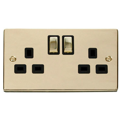 Polished Brass 2 Gang 13A DP Ingot Twin Double Switched Plug Socket - Black Trim - SE Home