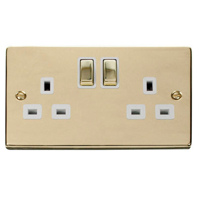 Polished Brass 2 Gang 13A DP Ingot Twin Double Switched Plug Socket - White Trim - SE Home