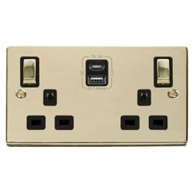 Polished Brass 2 Gang 13A DP Ingot Type A & C USB Twin Double Switched Plug Socket - Black Trim - SE Home