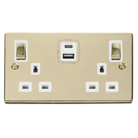 Polished Brass 2 Gang 13A DP Ingot Type A & C USB Twin Double Switched Plug Socket - White Trim - SE Home