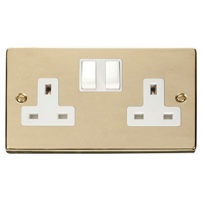 Polished Brass 2 Gang 13A Twin Double Switched Plug Socket - White Trim - SE Home