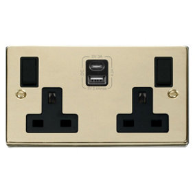 Polished Brass 2 Gang 13A Type A & C USB Twin Double Switched Plug Socket - Black Trim - SE Home