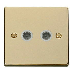 Polished Brass 2 Gang Twin Coaxial TV Socket - White Trim - SE Home
