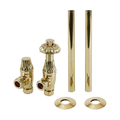 Polished Brass Angled Radiator Valve Pipe Connector Kit Thermostatic
