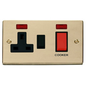 Polished Brass Cooker Control 45A With 13A Switched Plug Socket & 2 Neons - Black Trim - SE Home