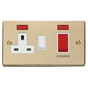 Polished Brass Cooker Control 45A With 13A Switched Plug Socket & 2 Neons - White Trim - SE Home